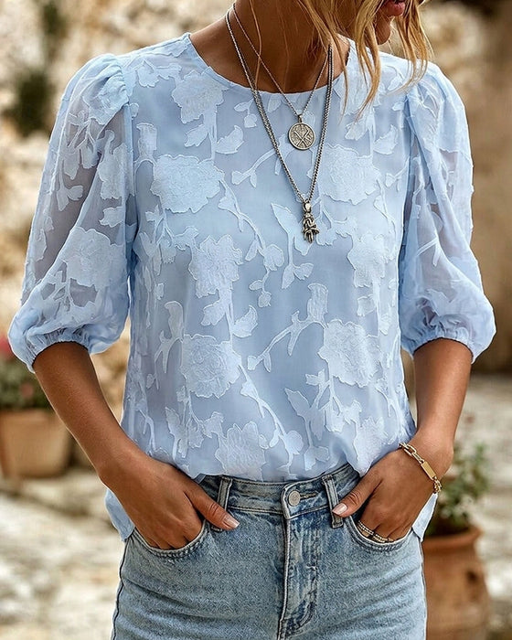 Rundhals-Bluse Mit Puffärmeln