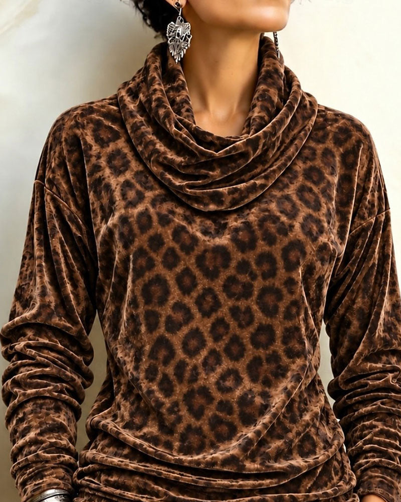 Top Leopardenmuster Rollkragen Samt Langarm