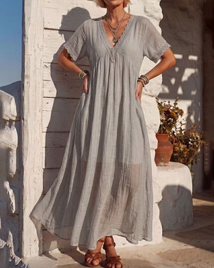 Kleid V-Ausschnitt Gerafft Spitze Patchwork