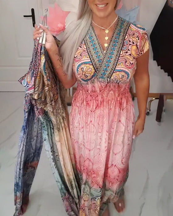 Kleid Bohemian V-Ausschnitt Tailliert Urlaub