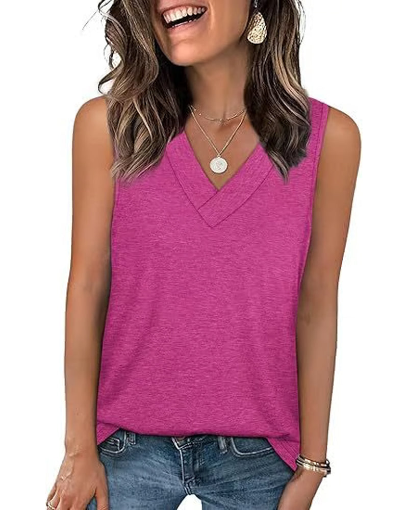 Tanktop T-Shirt Damen Ärmellos V-Ausschnitt Schlankmachend Locker Passform Lässig