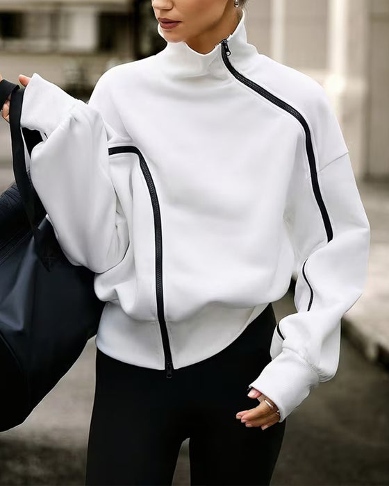 Sweatshirt Mock Neck Reißverschluss Drop Schulter Locker