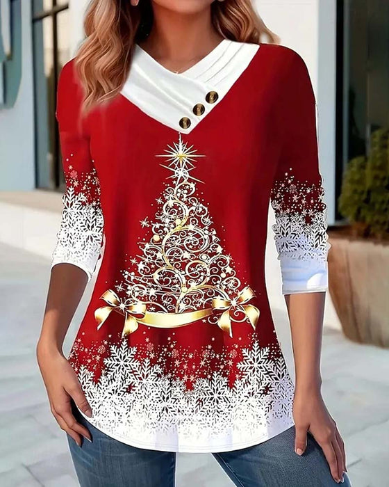 Top Mit Asymmetrischem Kragen, Knopfdetail Und Weihnachtsbaum muster