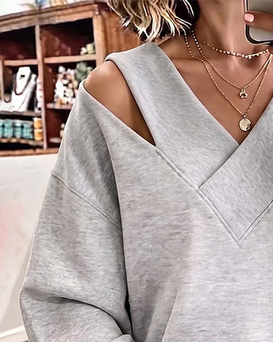 Sweatshirt V-Ausschnitt Freie Schulter Asymmetrischer Schlitz