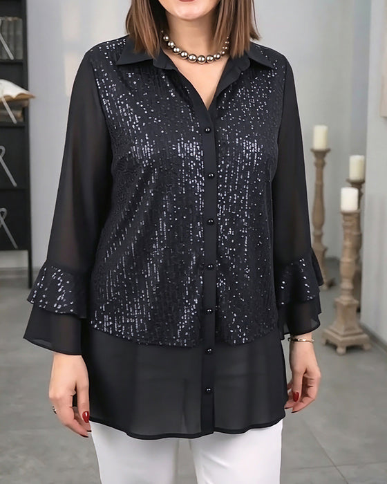 Oberteil Mit Revers Geknöpft Rüschen Durchsichtig