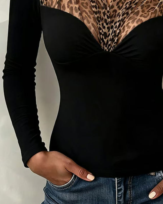 Oberteil Leopard Mesh Patchwork V-Ausschnitt Eng Anliegend