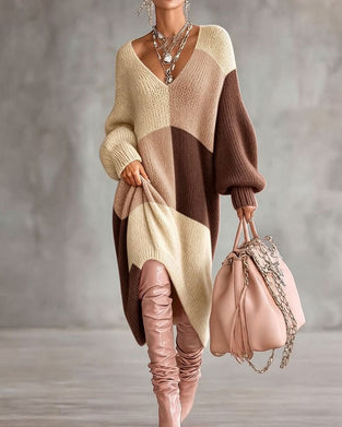 Strickkleid Karomuster Farbblock V-Ausschnitt Lang