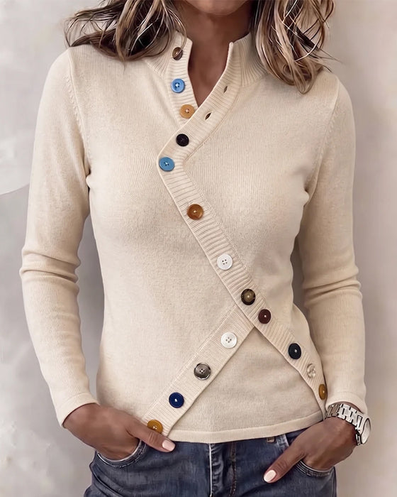 Pullover Mandarin-Kragen Farbblock Asymmetrischer Knopf