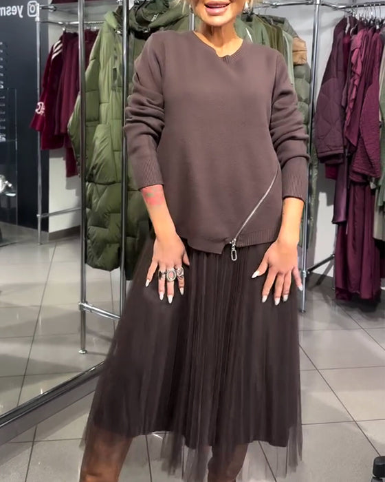 Stylisches Set Mit Rundhalspullover Und Reißverschlussdetail