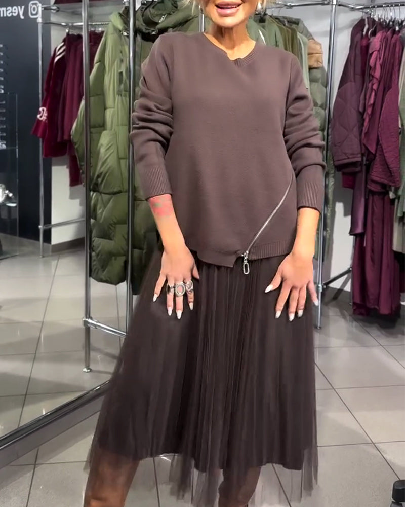 Stylisches Set Mit Rundhalspullover Und Reißverschlussdetail