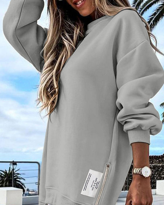 Lässiges Sweatshirtkleid Mit Langen Ärmeln, Reißverschluss Und Schlitz