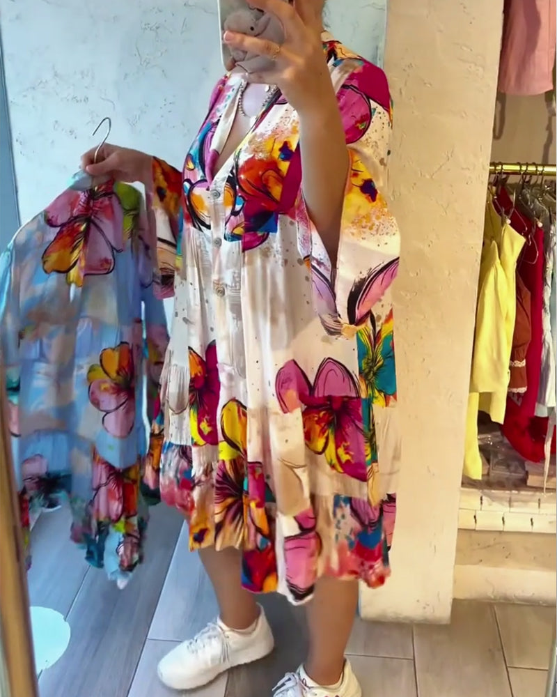 Kleid Bunt Groß Blumig Druck Kurz