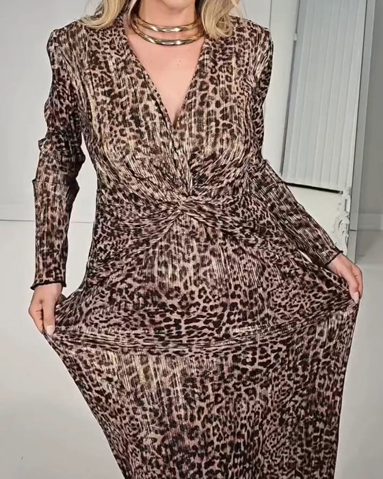 Kleid V-Ausschnitt Cross Leopardenmuster Gerafft