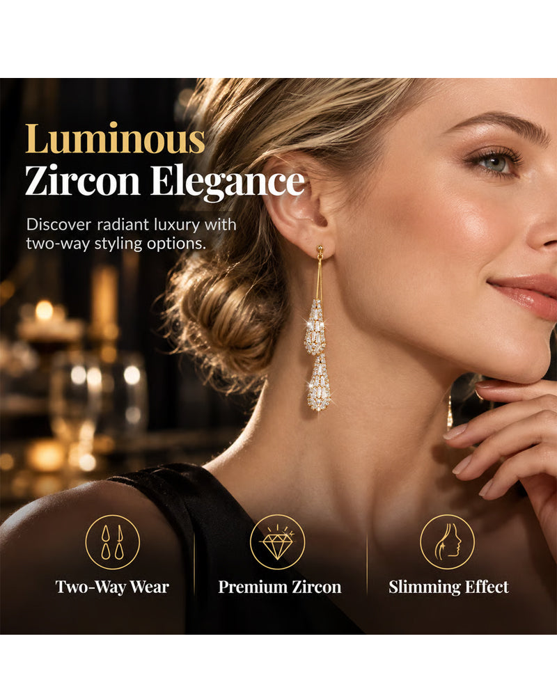 Elegante Mit Zirkon Verzierte Zweiseitige Tropfenförmige Quasten-Ohrringe Für Damen