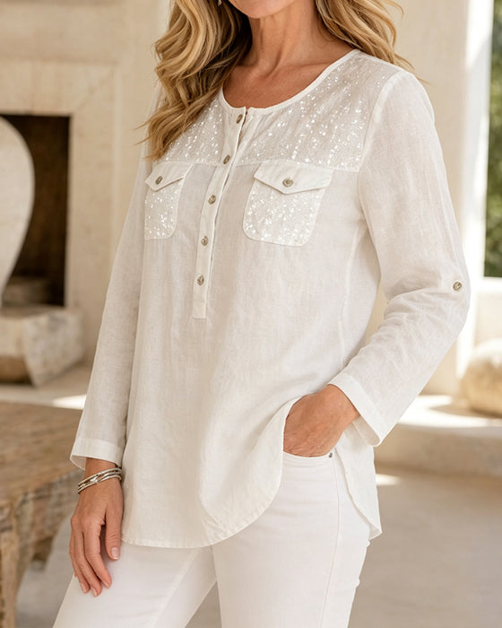 Bluse Rundhals Knopfleiste Langarm