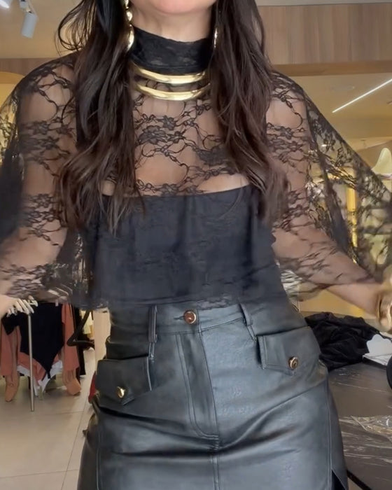 Bluse Hoher Hals Spitze Sheer Sexy