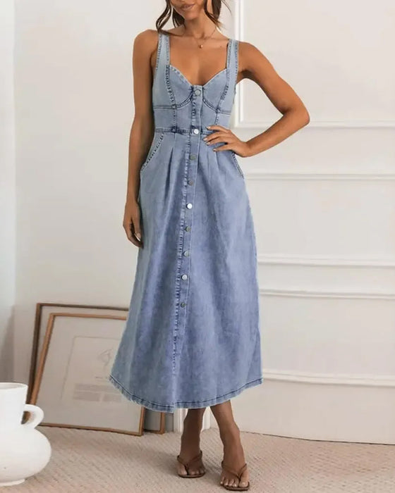 Kleid Spaghettiträger Knopf Taille Tailliert Denim