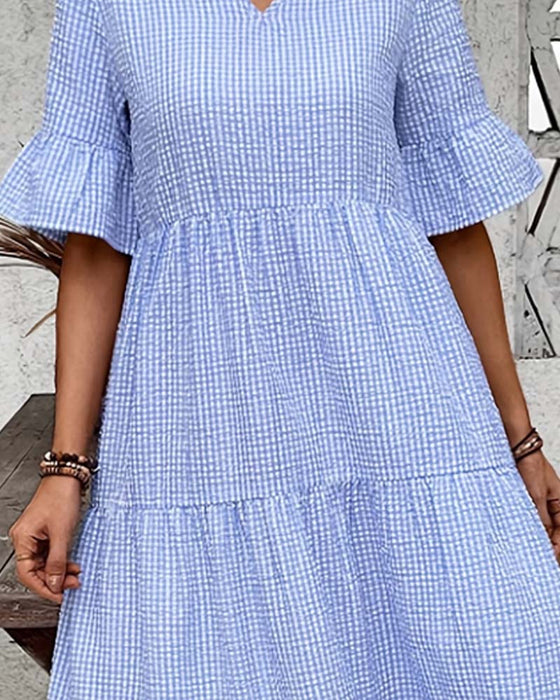 Kleid Blau Weiß Gingham V-Ausschnitt
