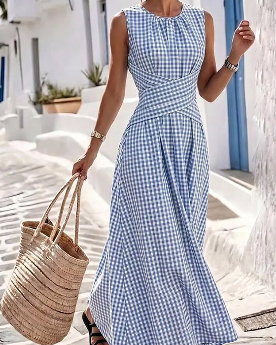 Kleid Rundhals Kreuz Gerafft Karo