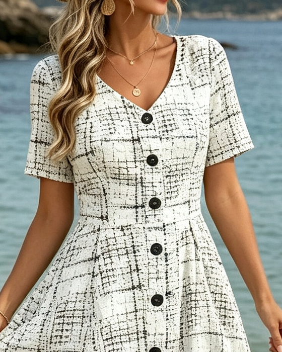 Kleid V-Ausschnitt Karo Knopf Rüsche