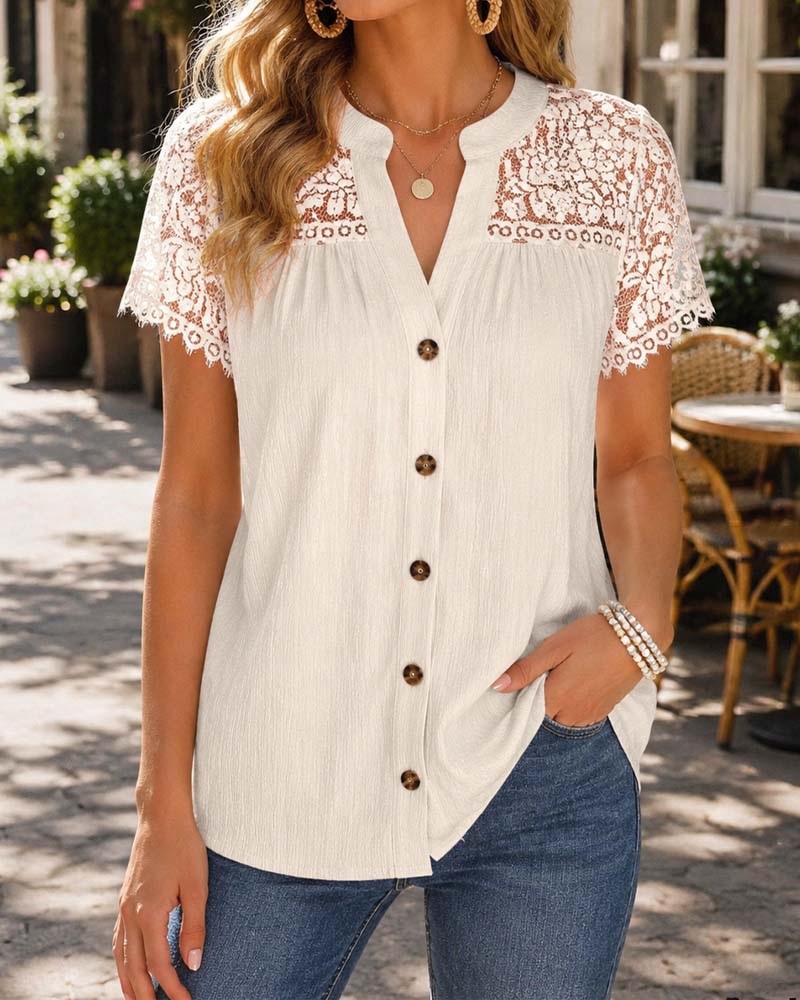 Bluse V-Ausschnitt Knopf Spitze Panel