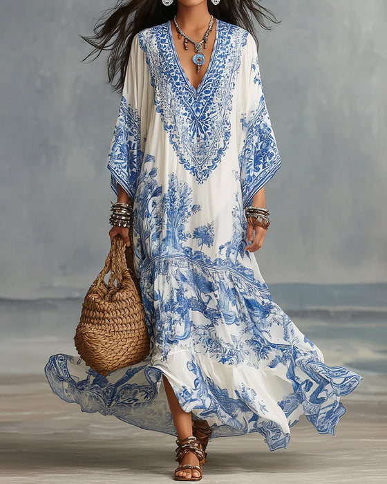 Kleid V-Ausschnitt Bohemian Ausgestellt Asymmetrisch