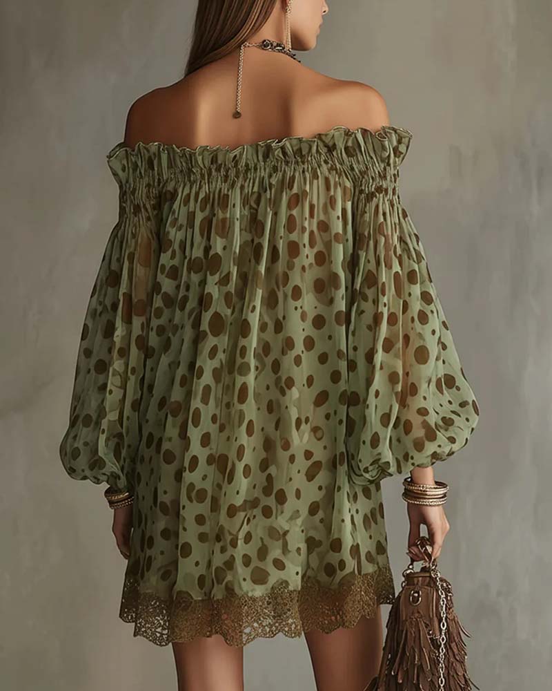 Kleid Leopardenmuster Off-Shoulder Spitze Patchwork