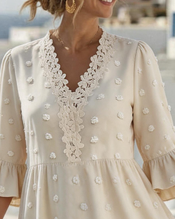 Kleid V-Ausschnitt Spitze Patchwork