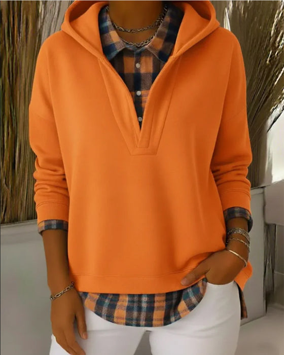 Kapuzenpullover Fake-Zweiteiler kariertes Patchwork