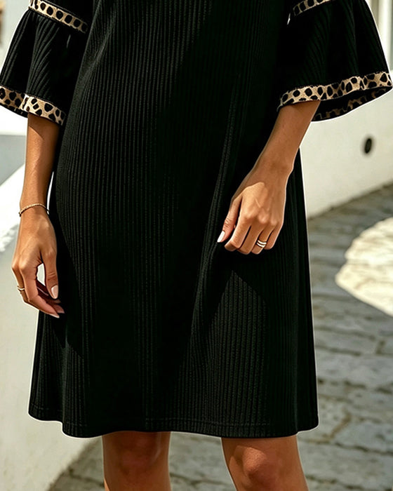 Kleid Schlagärmel Gerippt Leopard