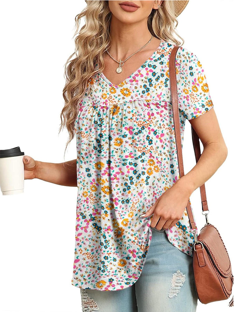 Bluse Blumenmuster V-Ausschnitt Kurzarm