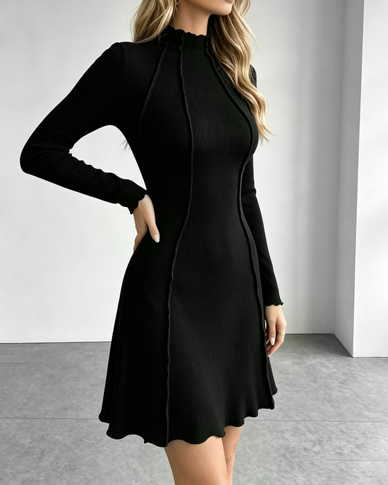 Kleid Mock Hals Einfarbig Lässig
