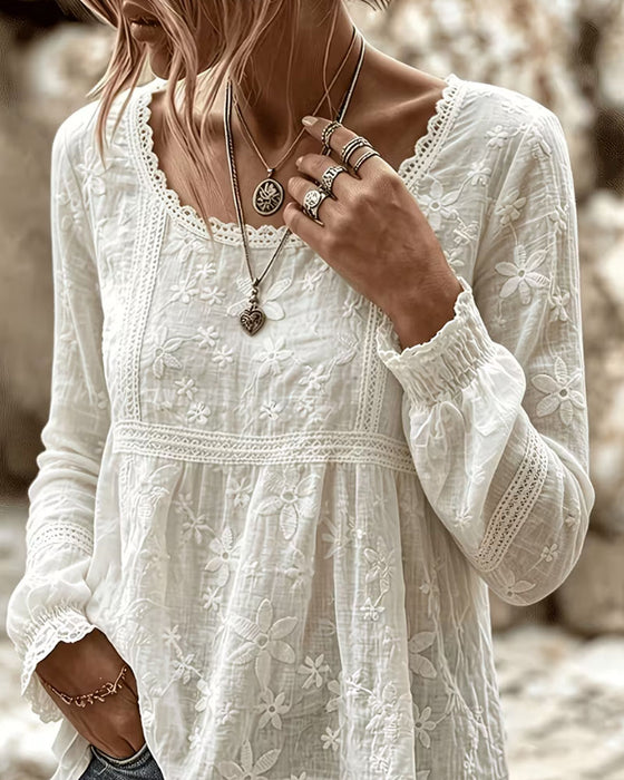 Bluse Rundhals Rüsche Spitze