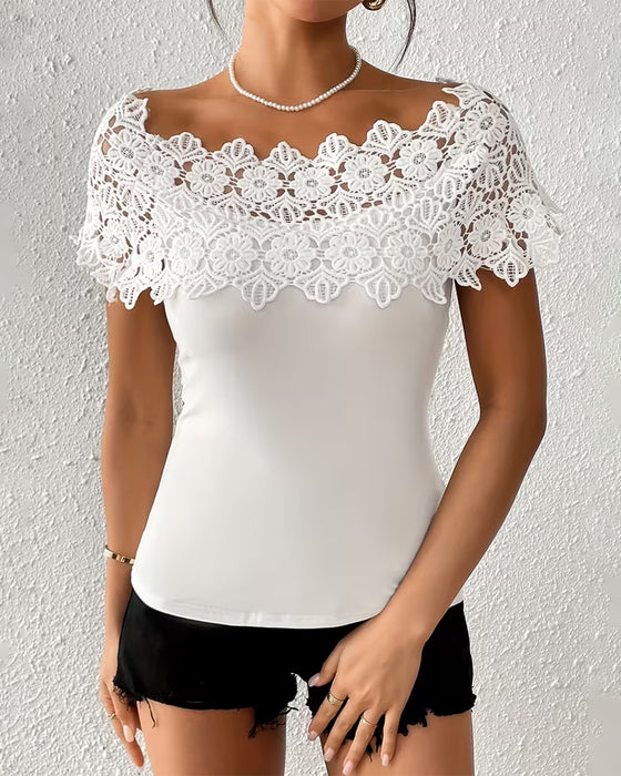 T-Shirt Spitze Off-The-Shoulder Patchwork