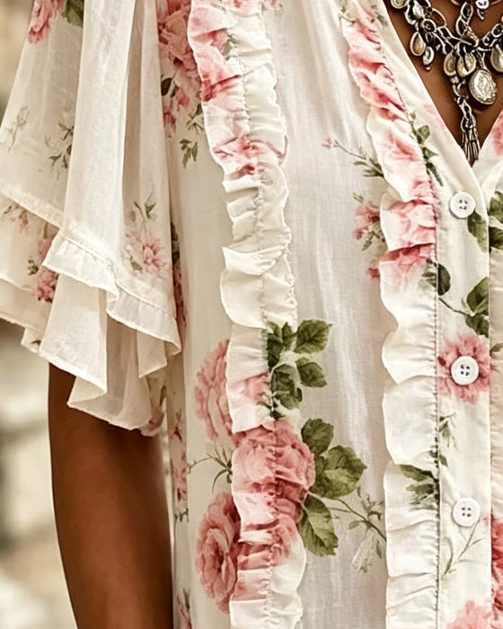Bluse Blumen Rüsche Doppellagig Saum