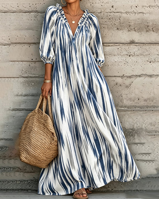 Kleid Tie-Dye V-Ausschnitt Puffärmel Lang Resort