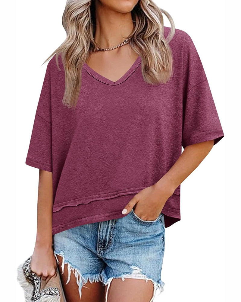 Bluse Einfarbig V-Ausschnitt Patchwork Saum