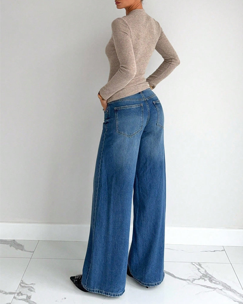 T-Shirt Damen Langarm Rippenstrick Dreh Vorne