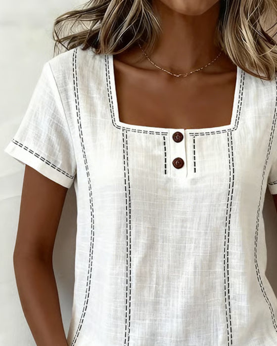 Bluse Kleiner Quadratischer Ausschnitt Uni Knopf