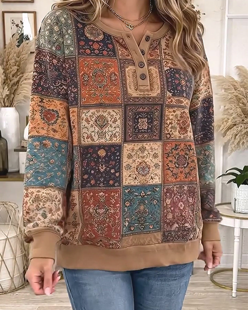 Sweatshirt Rundhals Geknöpft Karomuster Kontrast