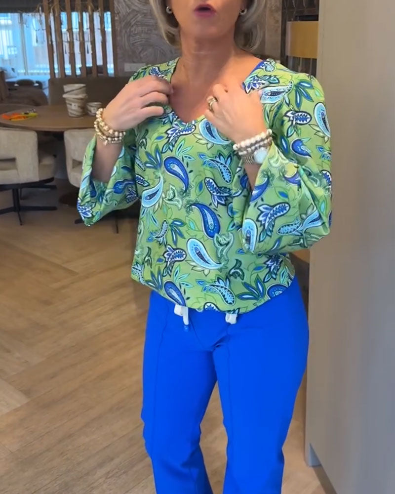 Top Wassertropfen-Druck Langarm V-Ausschnitt