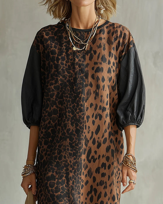 Kleid Leopardenmuster Farbblock Puffärmel