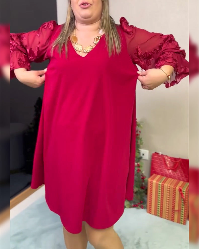 Kleid Puffärmel Tüll Eingesetzt V-Ausschnitt Lockere Passform