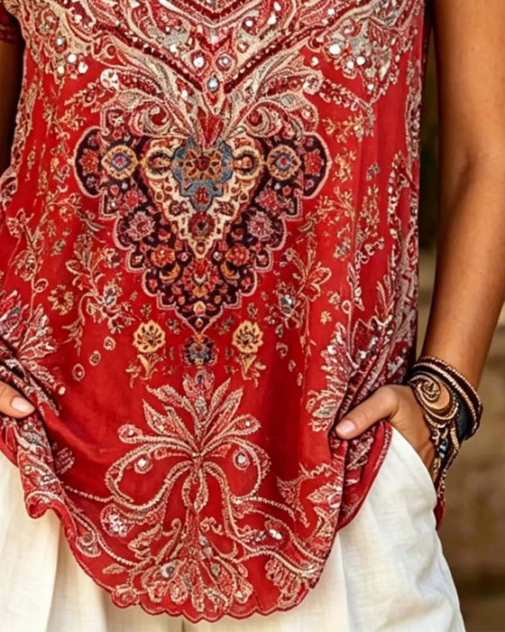 T-Shirt Boho V-Ausschnitt Bedruckt Kurzarm