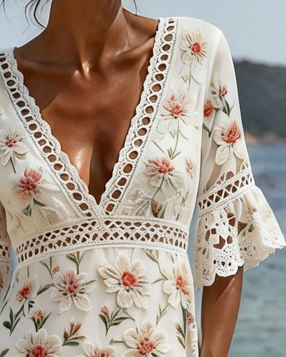 Kleid Hollow Out Patchwork V-Ausschnitt Blumen