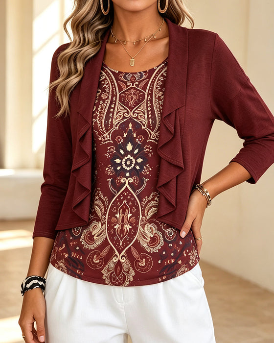 Bluse Imitation Zweiteilig Rüsche Print