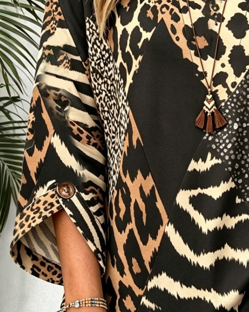 Bluse Rundhals Knopf Leopard Gerafft