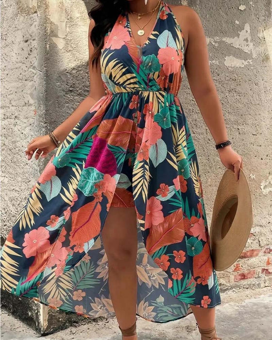 Set V-Ausschnitt Halter Ärmelloses Kleid + Shorts