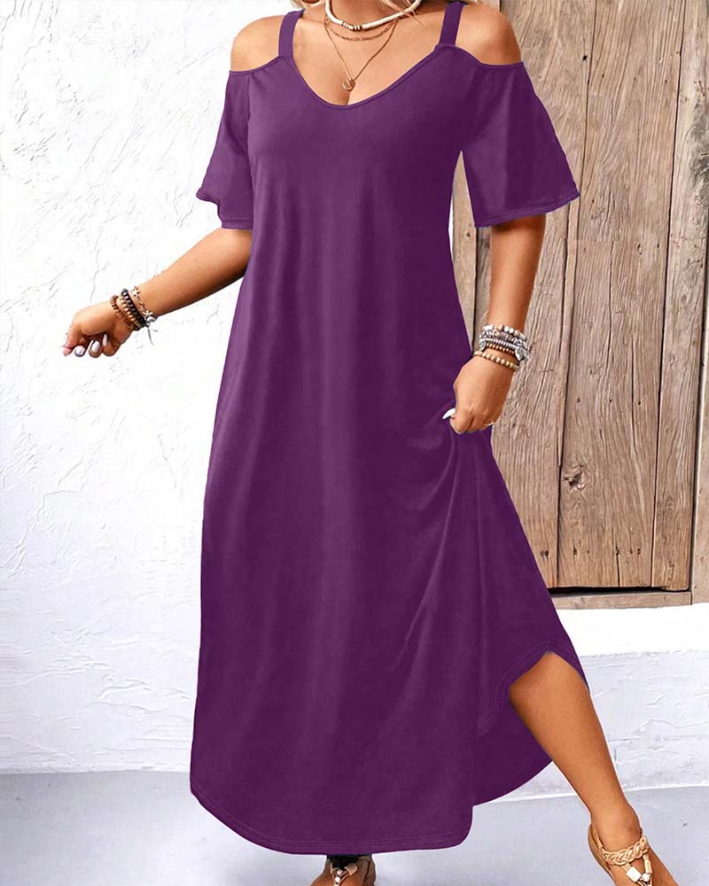 Kleid Einfarbig V-Ausschnitt Off-Shoulder Lang