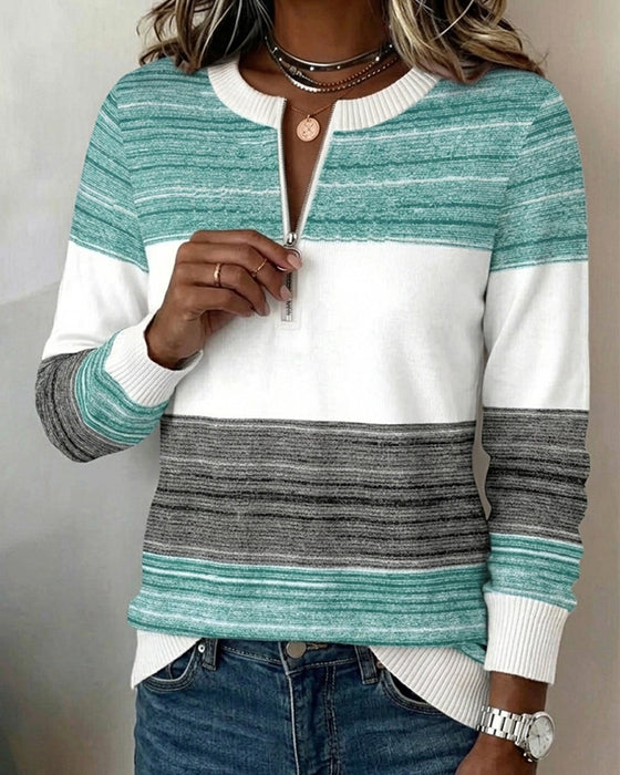 Sweatshirt Mit Rundhals Reißverschluss Gestreift Kontrast